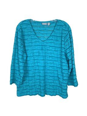 Chicos 2 Womens L 3/4 Sleeve Knit Top V Neck Turquoise Teal Gauzy Boho Stretch